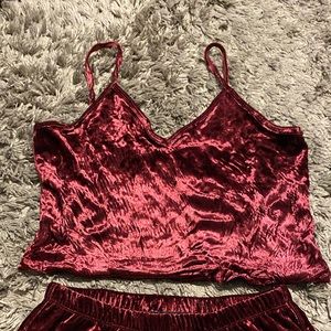 burgundy velvet tank top and short set